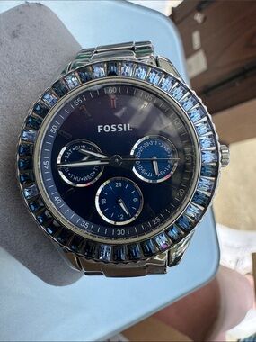 Fossil Silver Watch with Blue Dial and Blue Crystal Bezel